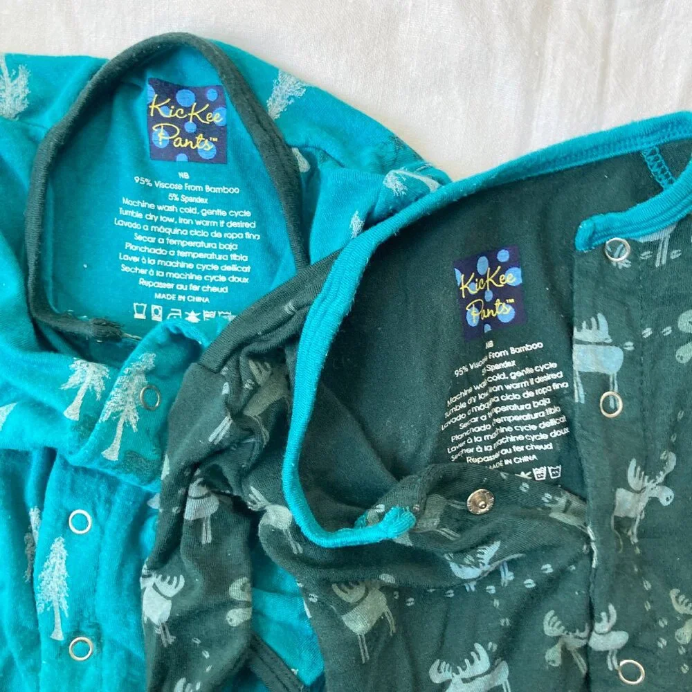 💙2/$25 Kickee Pants Newborn Baby Blue Green Moose Trees Button Sleepers - Picture 2 of 5